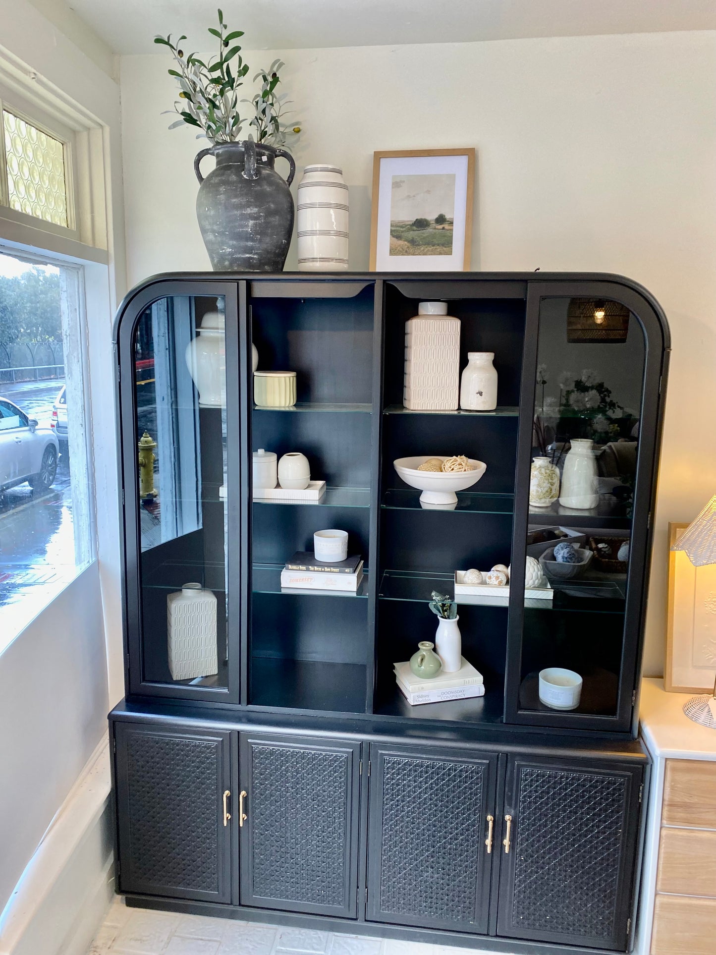 Stunning Arched Vintage Refinished Hutch Cabinet