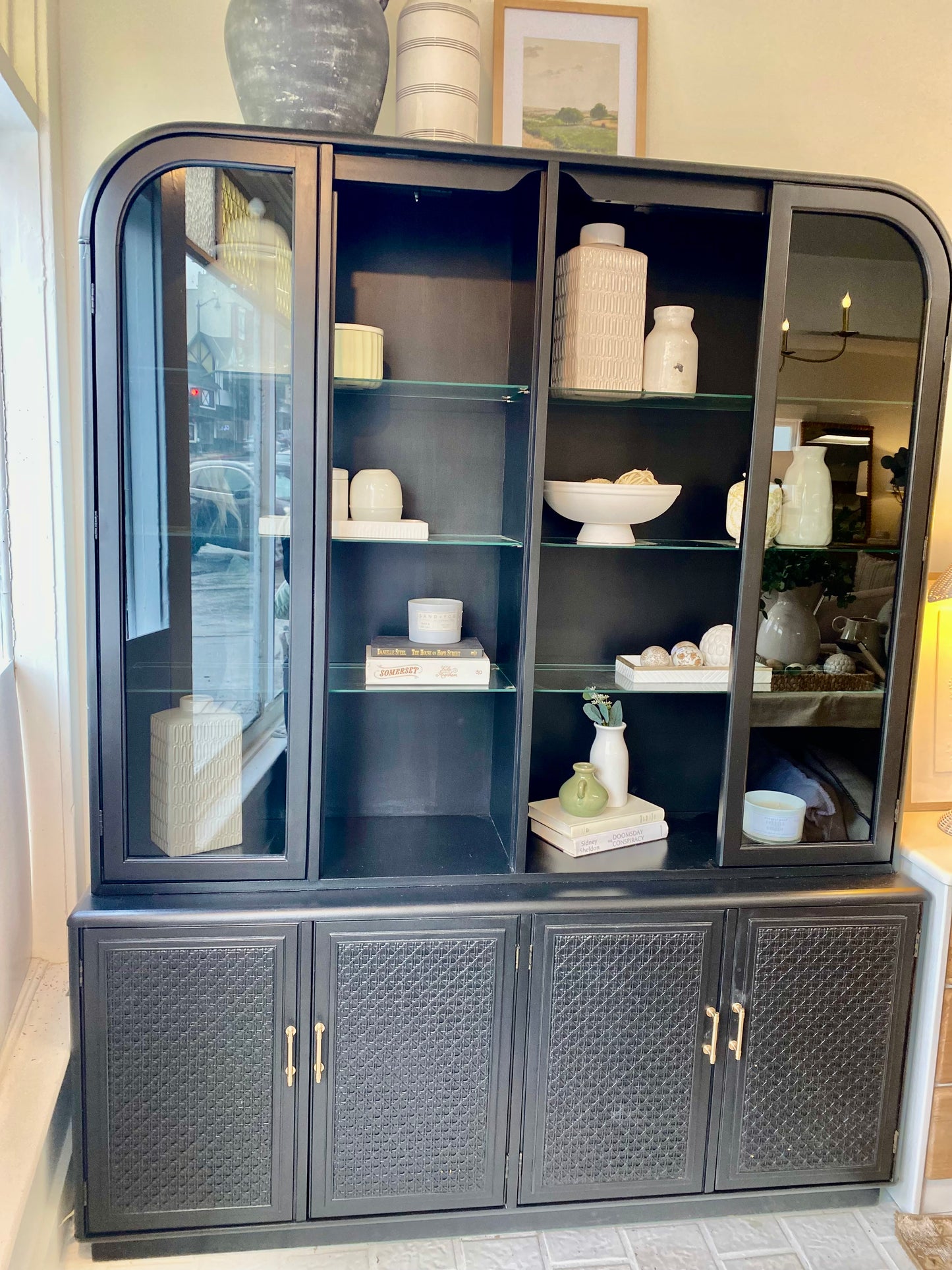 Stunning Arched Vintage Refinished Hutch Cabinet