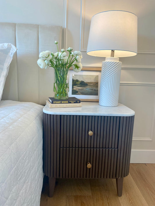 Pair of Gorgeous Fluted Chocolate Brown & Marble Nightstands