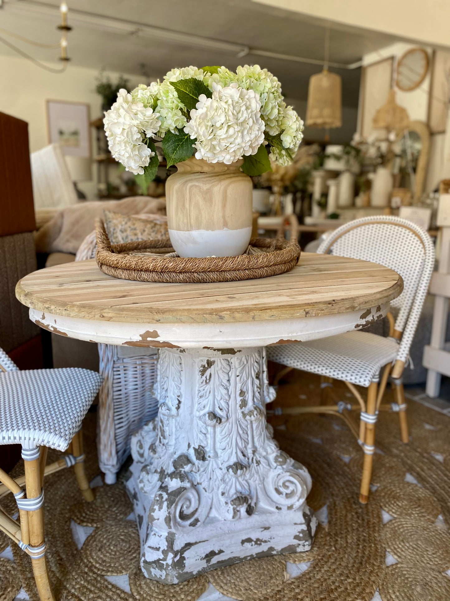 Ornate Base Pedestal Table French Style with pine top 38"