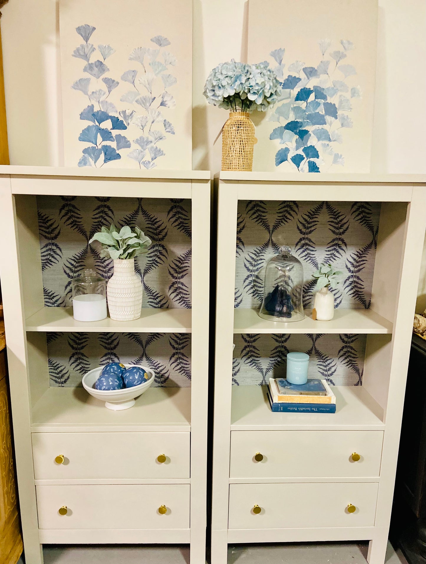 Vintage Refinished Pair of Small Bookshelves with Serena & Lily Grasscloth wallpaper