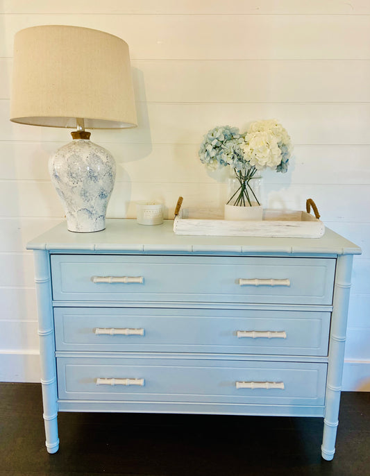 Vintage Refinished Faux Bamboo Small Dresser or Nightstand Light Blue