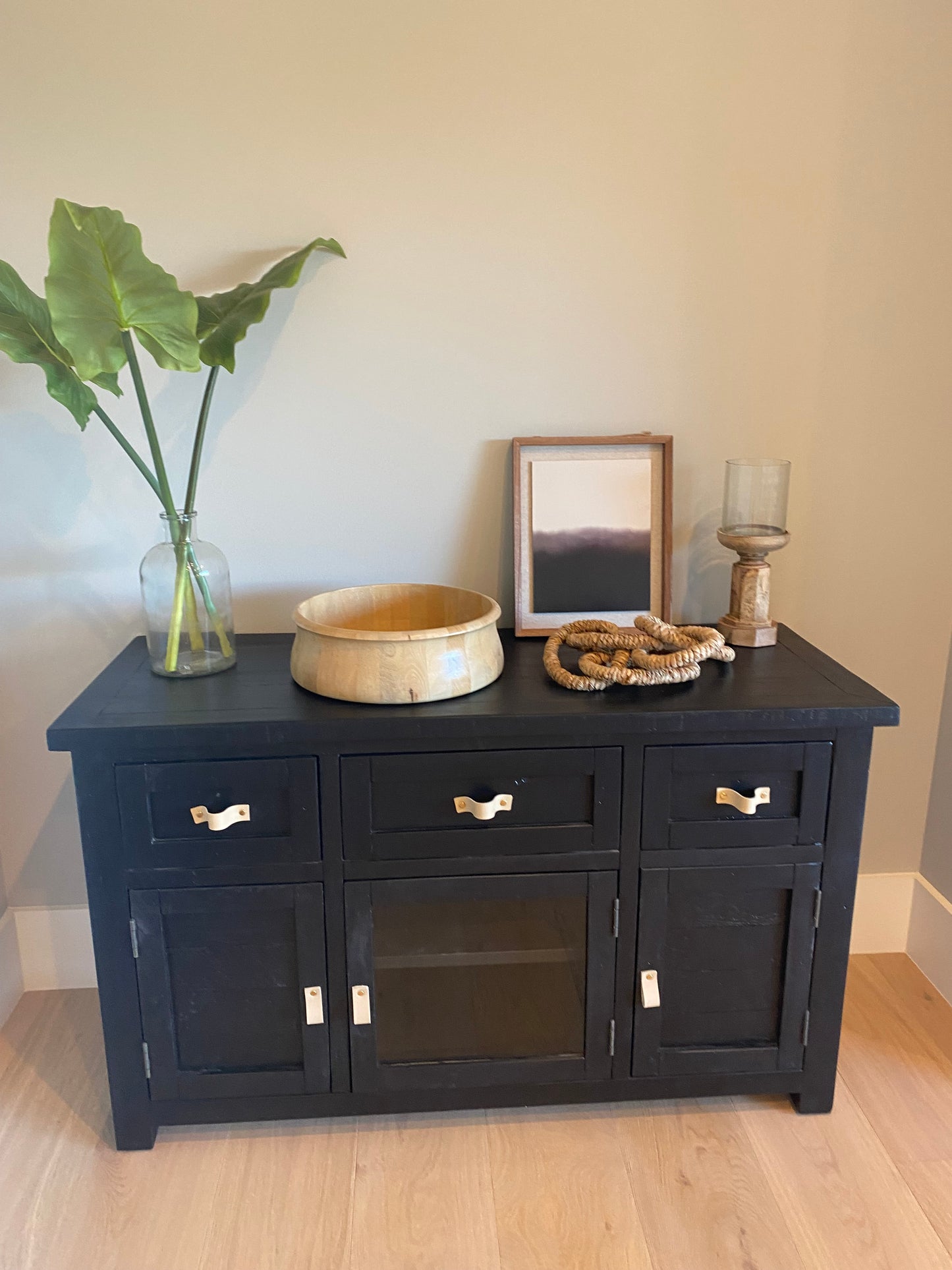 Refinished Black Cabinet TV Console with leather handles